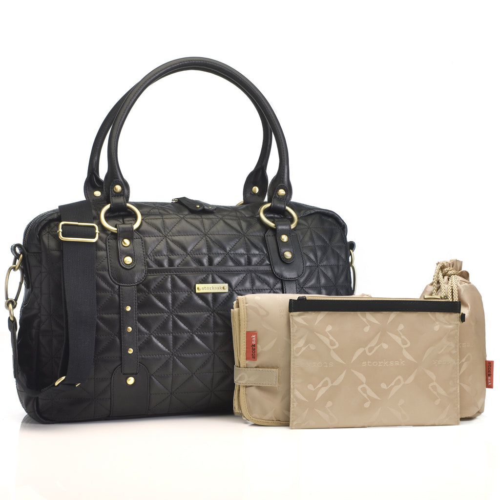 Storksak Elizabeth Baby Nappy Bag - Black Quilted Leather